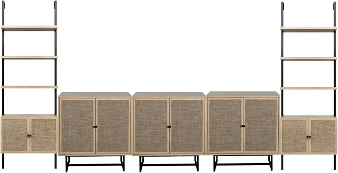 Nathan James Kova Boho Rattan Entertainment Center with Bookshelves and Storage Cabinet, Bookcase TV Stand Wall Unit, Fits TVs Up to 75 in. in Light Oak Finish