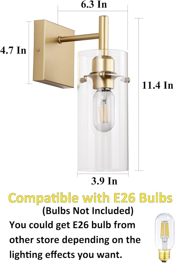 Set of 2 Gold Wall Sconces,Elegant Bathroom Wall Mount Light,Modern Vanity Lighting Fixtures with Clear Glass Shade,Indoor Metal Wall Lamp for Living Room Bedroom Kitchen Hallway Mirror