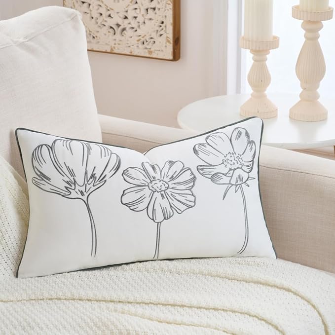Sunkifover Decorative Floral Lumbar Pillow Cover 12x20 Inch Grey and White Cotton Embroidery Flower Throw Pillowcase Cushion Cover for Bed Bedroom, Living Room, Sofa