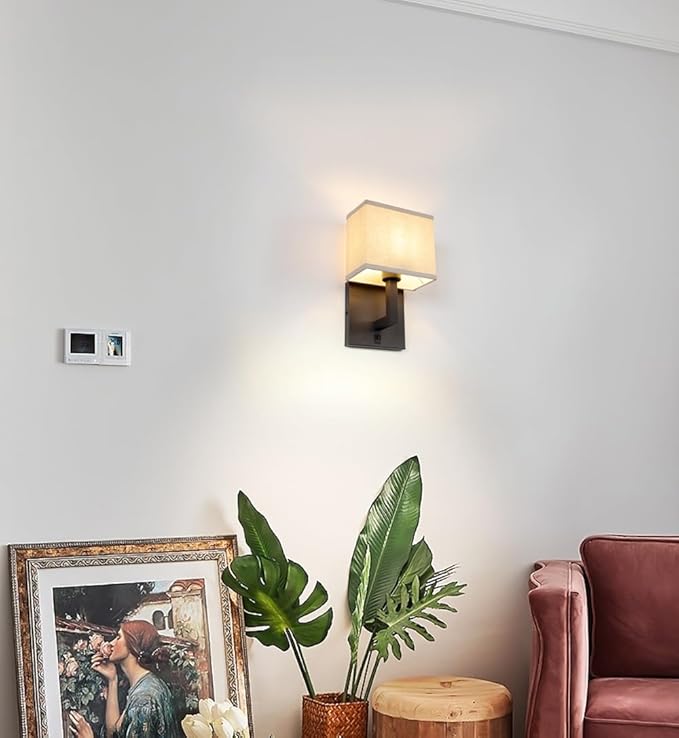 Yosoan Boho Fabric Wall Sconce with On Off Switch, 1-Light Brass Hardwired Vanity Retro Indoor Vintage Industrial Wall Mount Lamp Fixture Lighting for Bedside Living Room Stairwell Hallway Home(Black)