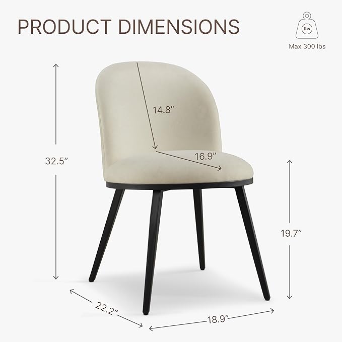 Dining Chairs Set of 2, Fabric Upholstered Dining Room Chairs with Ergonomic Backrest & Metal Legs, Modern Kitchen Side Chairs for Home, Restaurant, and Café, Coconut