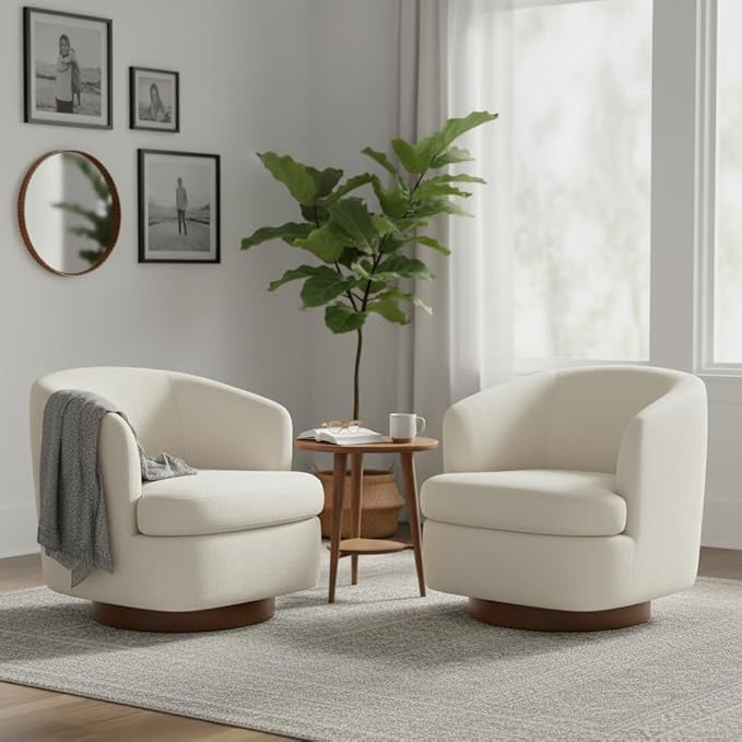 Swivel Accent Chair, Barrel Armchair with Upholstered Performance Fabric and Wood Base for Bedroom Waiting Living Room, 2 PCS, Linen