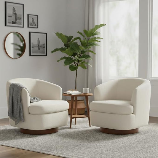 Swivel Accent Chair, Barrel Armchair with Upholstered Performance Fabric and Wood Base for Bedroom Waiting Living Room, 2 PCS, Linen