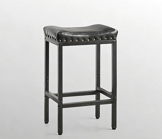 Counter Height Bar Stools, 30 Inch, Industrial Vintage Bar Stool with Nailhead, Faux Leather Barstool with Footrest, Saddle Stool for Kitchen Island, Dining Room, Easy Assembly