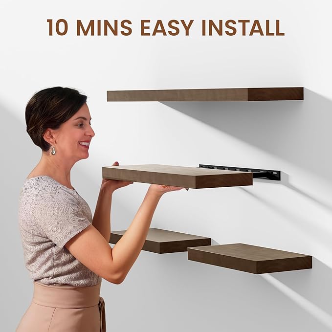Heimlove 36 Inch Floating Shelves for Wall Walnut Shelves Set of 2,Wall Mounted Rustic Wood 8 Inch Deep Floating Shelf with Invisible Brackets for Bedroom Kitchen Living Room