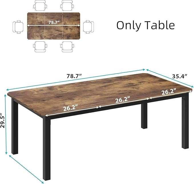 IDEALHOUSE 78.7" Long Rectangle Dining Table for 6-8 People, Industrial Wood Dinner Table (Only Table) (New Retro)