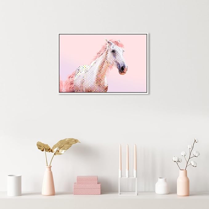 Country Farmhouse Canvas Print Painting Animal Wall Art 'Pink Glam Horse' White Framed Canvas Rustic Home Décor 24x16 in Pink, White by Oliver Gal