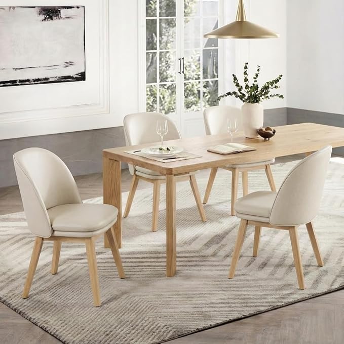 Wooden Dining Chairs Set of 4, Faux Leather Upholstered Modern Dining Room Chairs with Double-Layer Thick Seat Cushion & Ergonomic Backrest for Restaurant, Kitchen and Café, Beige, 2 Boxs