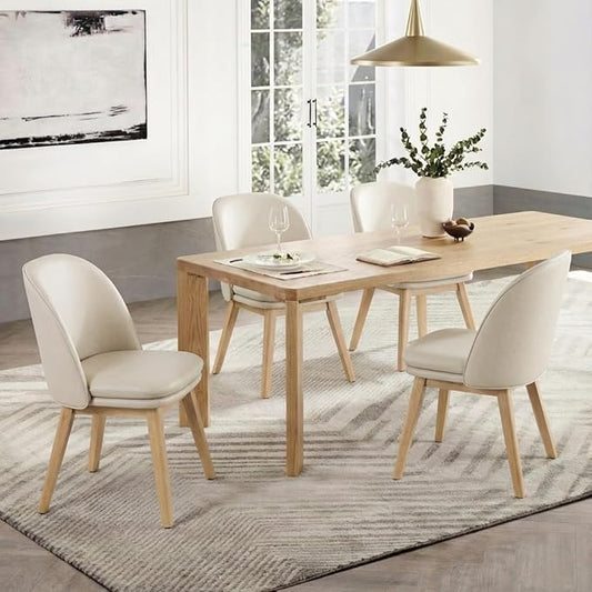 Wooden Dining Chairs Set of 4, Faux Leather Upholstered Modern Dining Room Chairs with Double-Layer Thick Seat Cushion & Ergonomic Backrest for Restaurant, Kitchen and Café, Beige, 2 Boxs