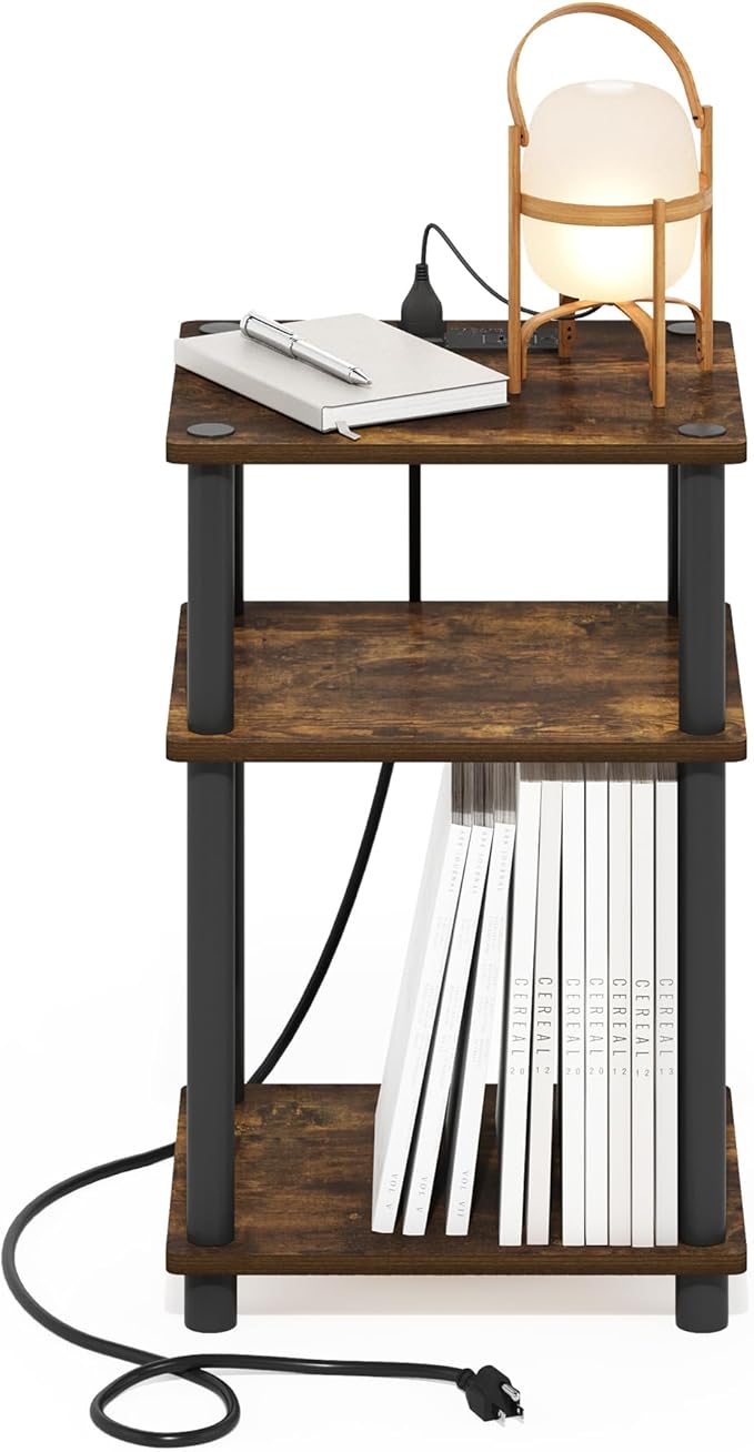 Furinno JUST Side Table, 3-Tier Modern End Table with Charging Station, Easy Assembly Night Stand, Bedside Table with USB and Type-C Charging Port, for Living Room, Bedroom, Amber Pine