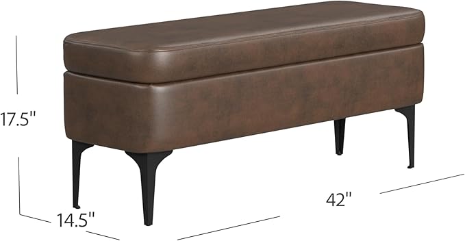 HomePop Upholstered Storage Bench with Metal Leg, 42" W, Brown PU Leather