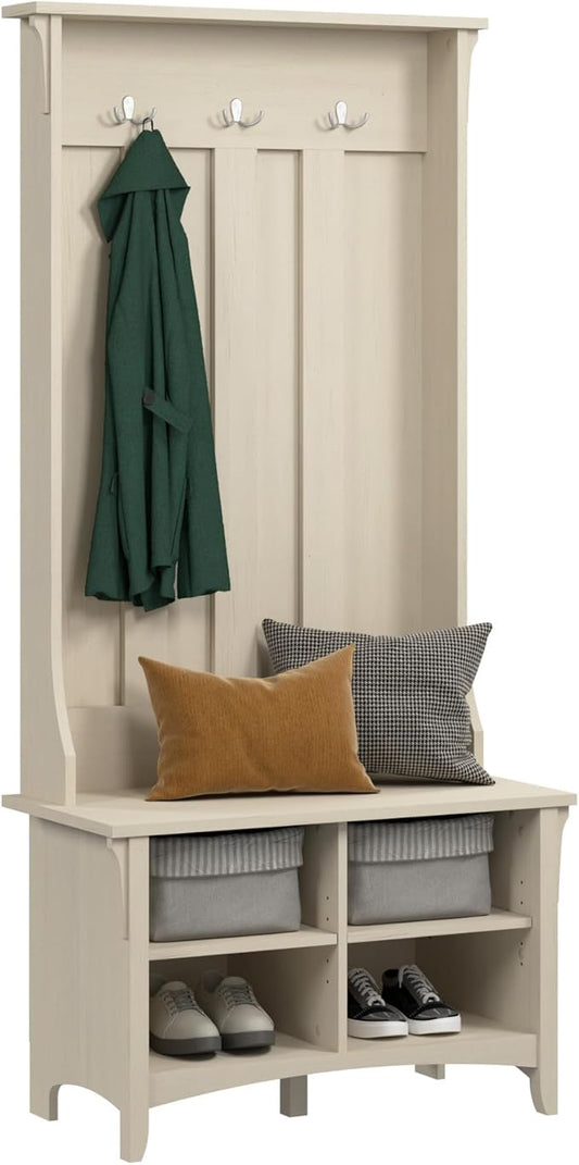 Bush Home Salinas Hall Tree with Shoe Storage Bench in Antique White, Multi-Purpose Home Organizer, Entryway Solution with Seating and Hooks