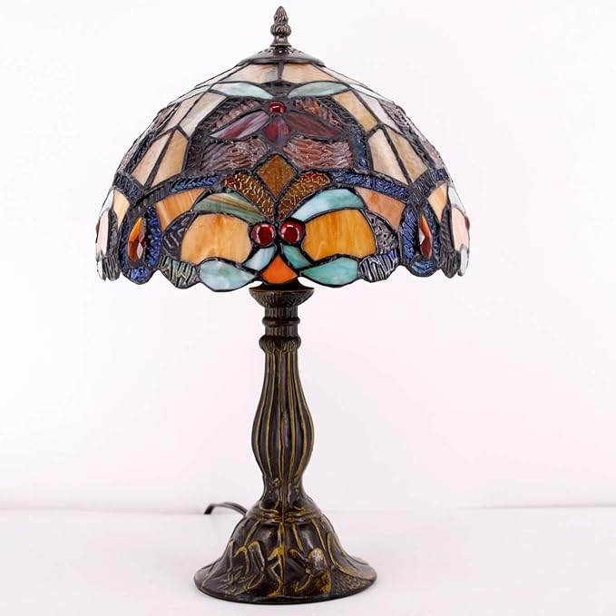 WERFACTORY Tiffany Table Lamp Orange Stained Glass Flower Liaison Style Reading Desk Bedside Light 12X12X18 Inches Decor Bedroom Living Room Home Office S617 Series