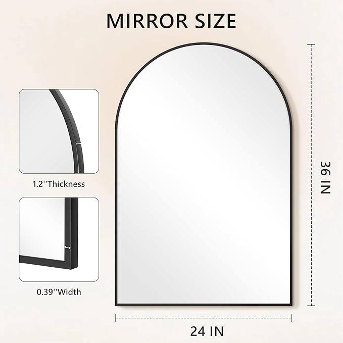 Wall Mounted Mirror, 24"x36" Arched Wall Bathroom Mirror, Black Vanity Wall Mirror with Metal Frame, Modern & Contemporary Arch Top Wall Mirror for Bedroom, Entryway, Living Room, Black