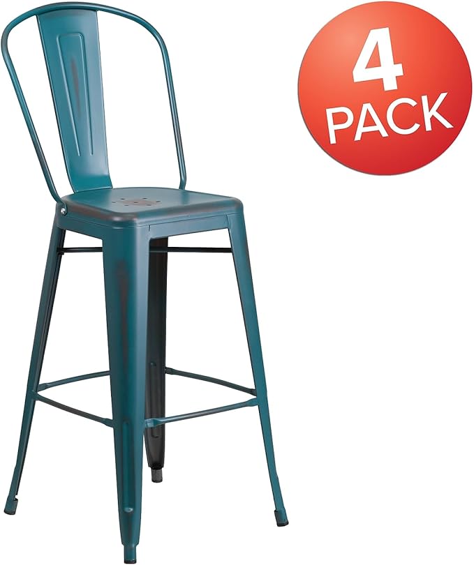 Flash Furniture Blake Commercial Grade 4 Pack 30" High Distressed Kelly Blue-Teal Metal Indoor-Outdoor Barstool with Back