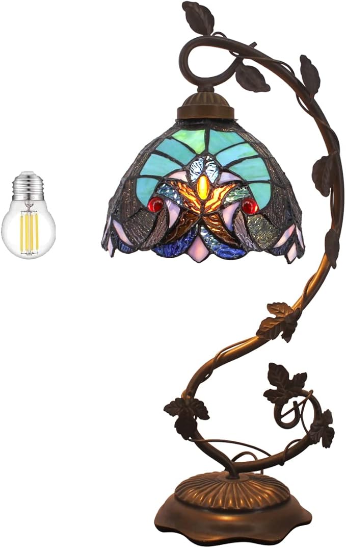 WERFACTORY Stained Glass Lamp Tiffany Style Bedside Table Lamp Reading Desk Light, Metal Leaf Base 8X10X21 Inches Decor Small Space Bedroom Home Office S160G Series