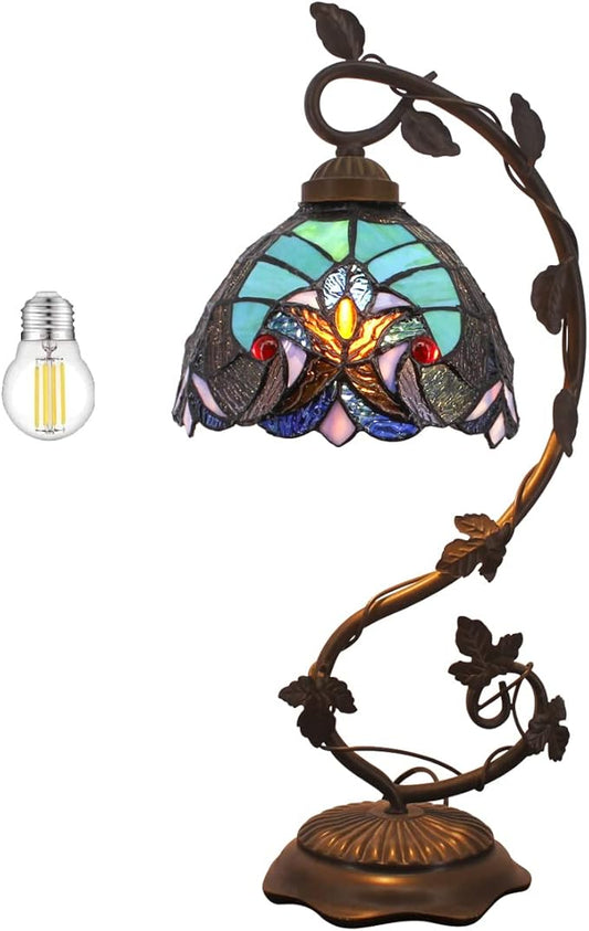 WERFACTORY Stained Glass Lamp Tiffany Style Bedside Table Lamp Reading Desk Light, Metal Leaf Base 8X10X21 Inches Decor Small Space Bedroom Home Office S160G Series