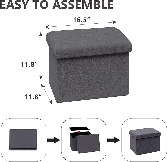 16.5 Inches Small Storage Ottoman - Square Ottoman with Sherpa Top,Storage Bench for Bedroom, 16.5" L x 12.6" W x 12.6" H-Grey