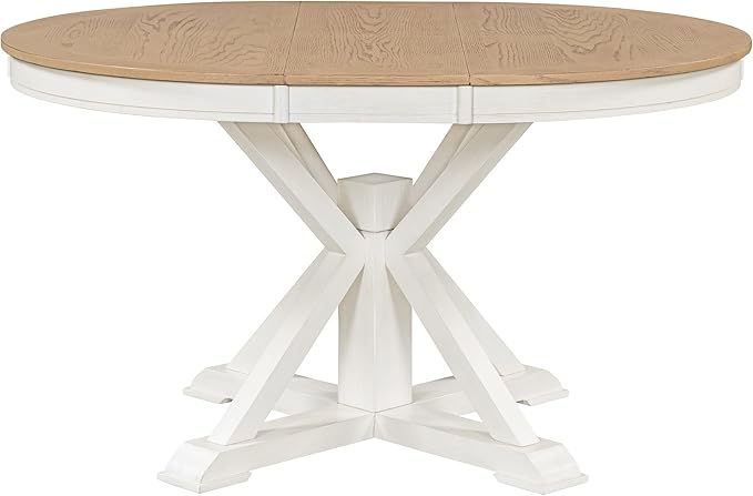 ERYE Retro Style Round Dining Table Functional Wooden Extendable Oval Dining Table with 12" Leaf and Natural Wood Grain Variation Tabletop