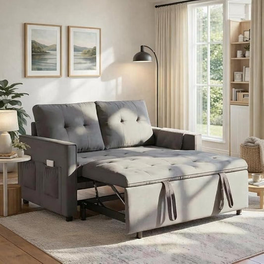 Sofa Bed, Pull Out Couch with Side Pockets, 3 in 1 Velvet Fabric Loveseat Sleeper Sofa Bed, Pull Out Couch with Adjustable Backrest for Living Room, Bedroom, Apartment, Gray, 53 Inch