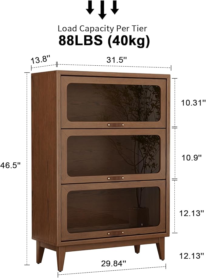 AQIMUELE Solid Wood Storage Cabinet with Glass Doors, 3 Shelf Small Storage Cabinet, Mid Century Modern Bookcase, Kitchen Pantry Cabinet (Walnut-Clear Glass, 31.5" W)