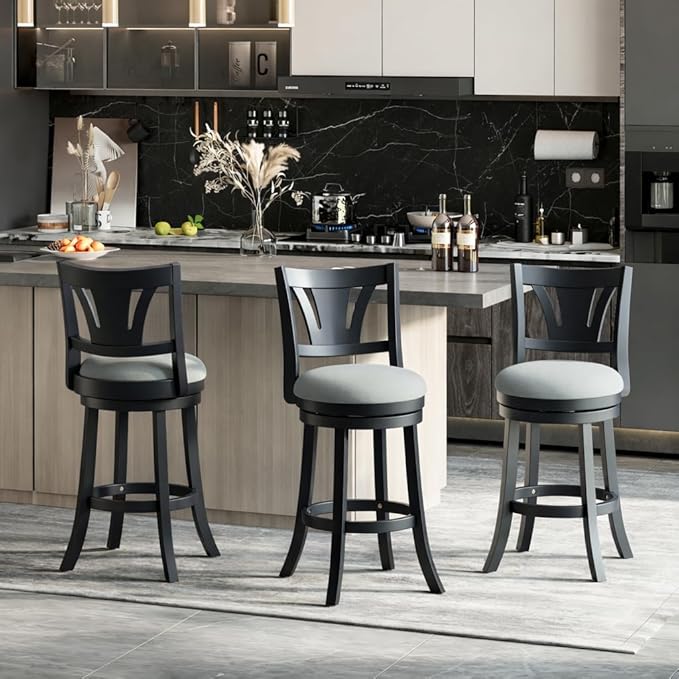 Swivel Bar Stools Set of 6,30 Inch Bar Height Barstool with Silent Rotation, High-Density Foam Cushion, Solid Wood Frame, Footrest & Anti-Slip Pads for Kitchen Islands and Home Bars (Grey)