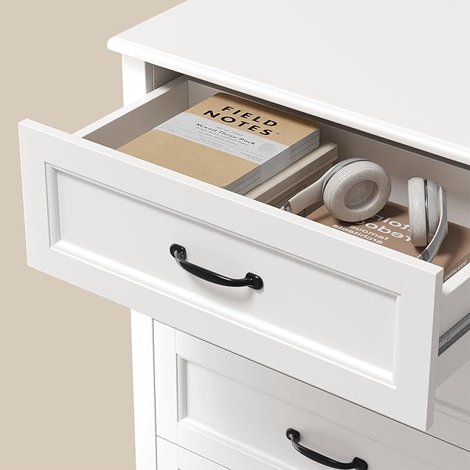Gizoon 5 Drawer Dresser, White Wood Chest of Drawers for Bedroom, 43.3" Large Capacity Storage Cabinet with Anti-Tip Device, for Clothes, Living Room, Hallway, Office