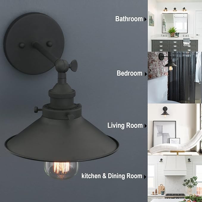 Phansthy Industrial Wall Sconce Light 8.1 Inches Metal Lampshade Vintage Style 1-Light Wall Light 180 Degree Adjustable Lighting Direction (Black)