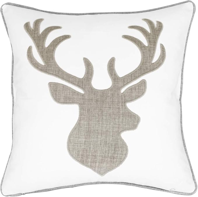 Animal Cotton Throw Pillow Covers Deer Head Embroidered 18x18 Inches for Couch Cushions Covers (White) …