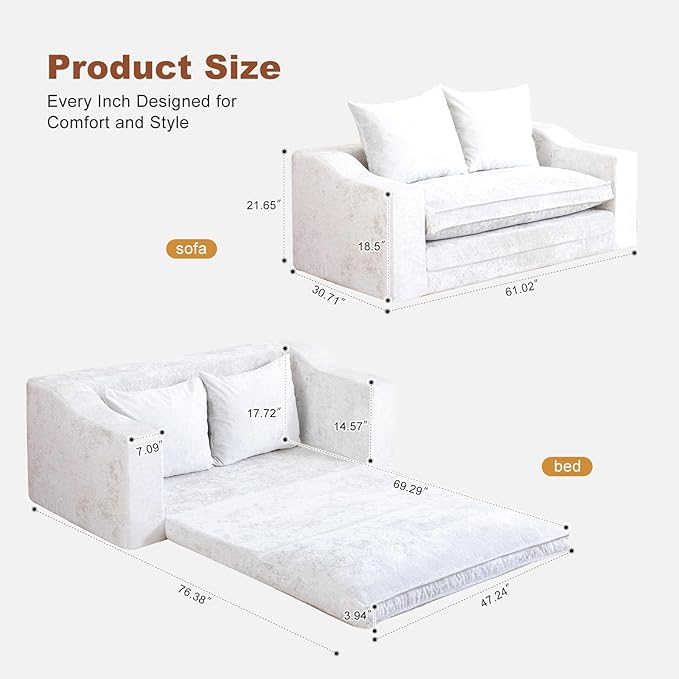 61" Convertible Sofa Bed Loveseat, Memory Foam Boneless Floor Couch with Removable Plush Velvet Cover, Tri-folding Compact Full-size Sleeper for Small Living Room, Playroom, Guest Room, RV (Off White) | Convertible Sofa Bed, Premium Memory Foam, Ergono...