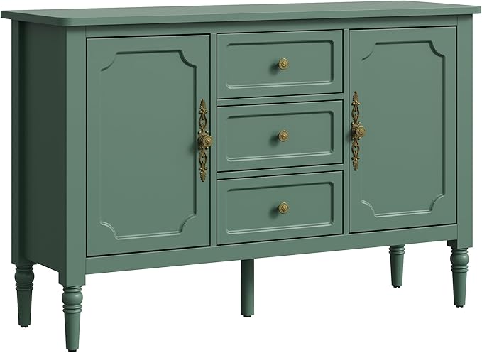 RoyalCraft Buffet Cabinet with 3 Drawers & 2 Doors, Vintage Sideboard with Storage, Mid Century Modern Painted Coffee Bar Table for Entryway, Living Room, Dining Room, Green
