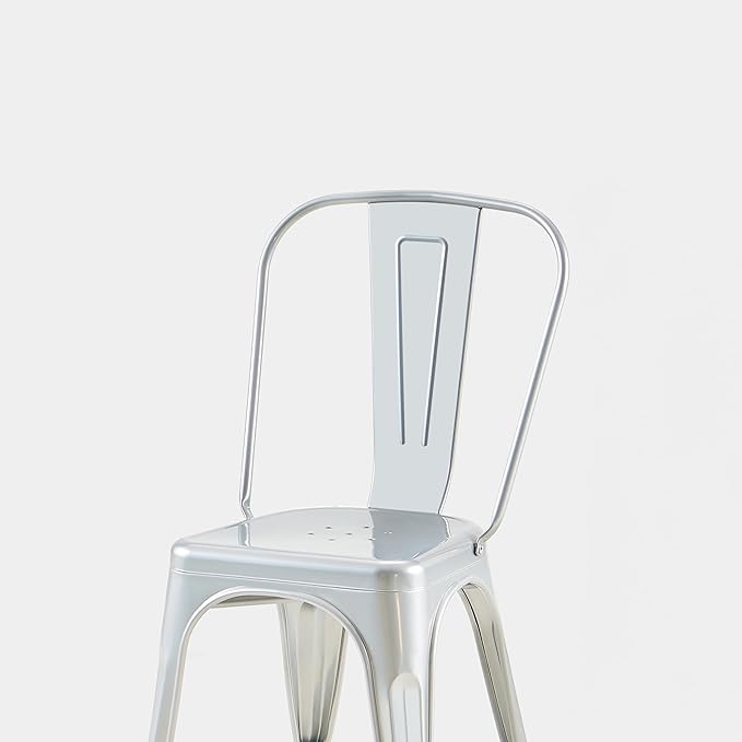 AC Pacific 18 Inch Seat Height Industrial Metal Dining Chairs, Stackable Kitchen or Bar Seat, Durable Modern Design, Versatile Accent Furniture, Set of 4, Silver