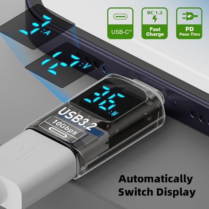 CY Adapter 3pcs/lot Type-C Smart LED Display USB-C to USB3.2 Type-A Adapter 10Gbps Data Current Voltage Fast Charging Monitoring Display Tester Detector