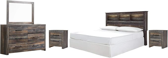 Signature Design by Ashley Drystan Rustic Industrial King/California King Bookcase Headboard with 3 Open Cubbies & Dimming LED Light, Weatherworn Brown