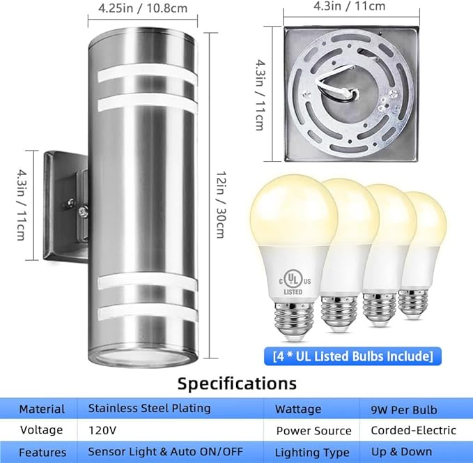 Dusk to Dawn Outdoor Wall Lights 2 Pack, Up Down Stainless Steel Exterior Lighting Fixtures with Photocell Sensor, Waterproof Outdoor Sconce Lights for House Porch Garage Patio, LED Bulbs Included