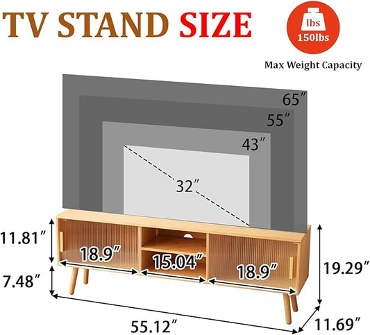 Bamboo TV Stand Entertainment Center- Mid-Century Modern Television Stand for 55-65 inch TVs, Bamboo Media Console Table, Open Storage Shelves for Living Room, Bedroom and Home Decor