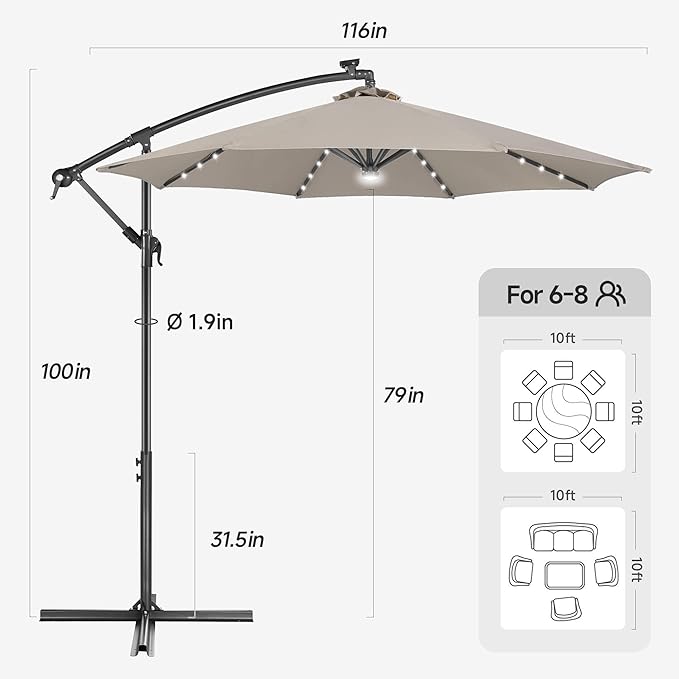 FLAME&SHADE 10ft Solar Cantilever Umbrella with 40 LED Lights, Lighted Large Offset Outdoor Patio Umbrellas, 8 Sturdy Ribs, UPF50+ UV Protection for Pool Deck Garden Yard, Taupe