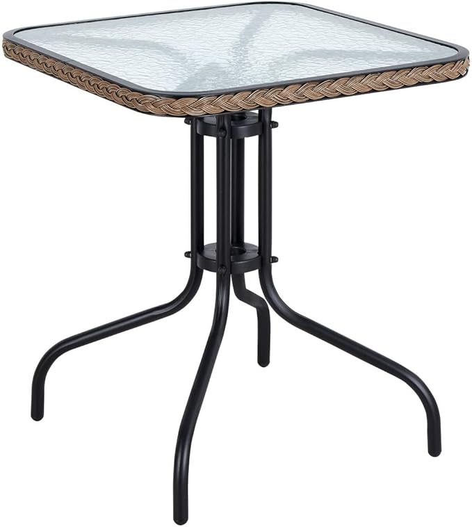 BTEXPERT Indoor Outdoor 28" Tempered Glass Trim Restaurant Aluminum Slat Stack Lightweight, 3 Metal Chairs with a Square Rattan Table, Bronze/Brown