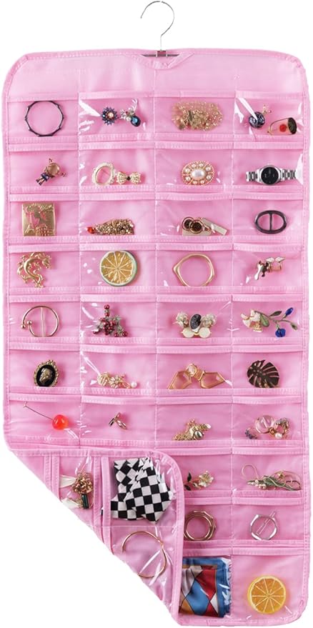 Bloss Valentines Day Gifts for Her,Pink Hanging Jewelry Organizer with 80 Pockets Jewelry Organizers and Storage, Earring Organizer Holder For Jewelry Earring Storage Dating Gifts for Wowen