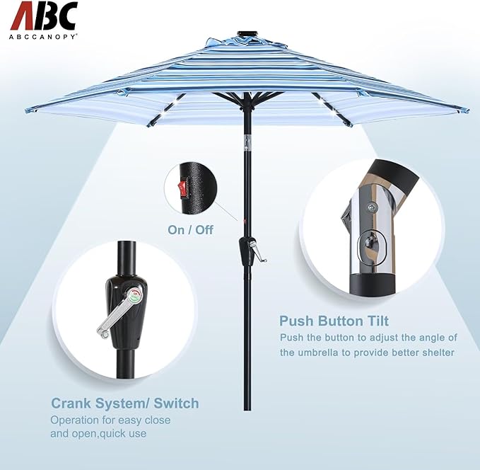 ABCCANOPY Durable Solar Led Patio Umbrellas with 24LED Lights 7.5FT with 6 Sturdy Ribs (Blue Stripes)
