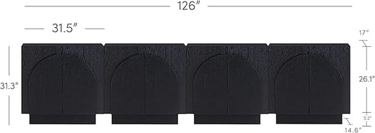Nathan James Iris Mid-Century Modern Credenza, Black TV Stand, Living Room Wood Storage Cabinet with Arched Cabinet Doors, Black Credenza Cabinet for Kitchen or Living Room, Black Oak, Set of 4