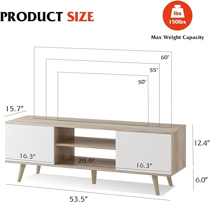 WLIVE Mid-Century Modern TV Stand for 55/60 Inch TV, Entertainment Center with Storage & Adjustable Shelves, Media Console with Soft-Close Cabinets for Living Room/Bedroom, Greige White