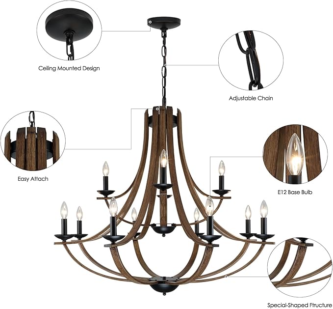 Farmhouse Chandeliers for Dining Room Light Fixture, 2 Tier 12-Light 41" Adjustable Height Retro Faux Wood Texture Rustic Light Fixtures for Living Room Bedroom Foyer Entryway