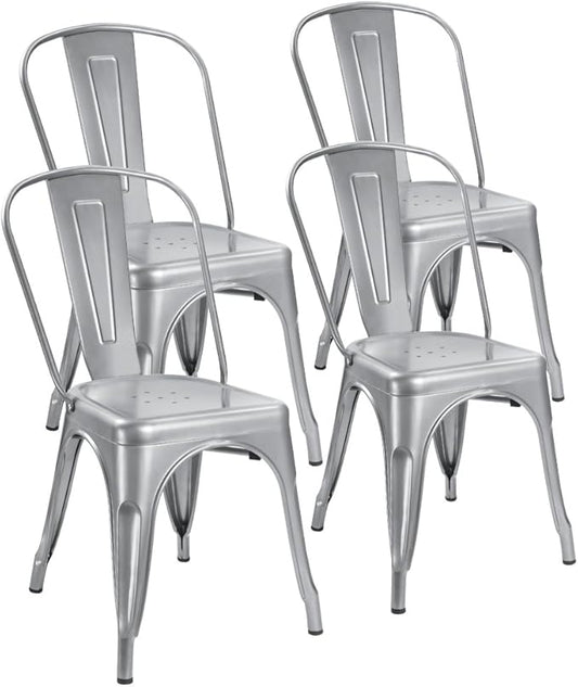 Devoko Metal Indoor-Outdoor Chairs Distressed Style Kitchen Dining Chairs Stackable Side Chair with Back Set of 4 (Silver)