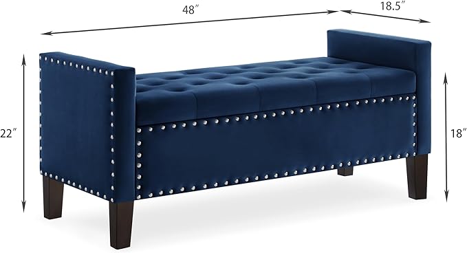 Velvet Storage Ottoman with Armrests, Upholstered Button Tufted Entryway Bench with Nails Trim for Bedroom End of Bed, Living Room,Navy