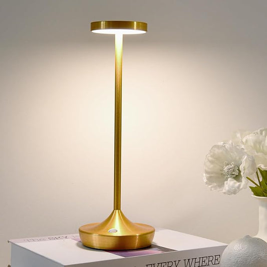LED Cordless Table Lamp Rechargeable，Outdoor Battery Operated Desk Lamp Touch 3 Color Dimming Portable Waterproof Night Light for Patio/Restaurant/Dining/Home (Gold)