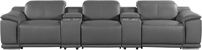 BlackJack Furniture Venice Top Grain Italian Leather Power Recline 8 Piece 5 Seater Sofa - 134" Theater Seating Modern Couch for Living Room Lounge with Adjustable Headrests & USB Port, Dark Grey