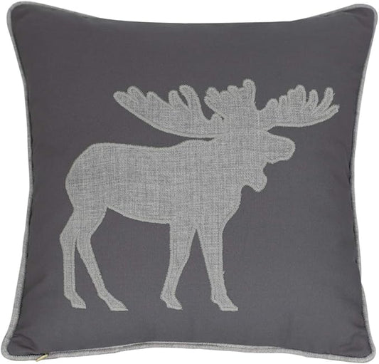 Moose Pillow Covers Decorative Cotton Linen Embroidered Cushions Covers 18x18 Inches (Grey)