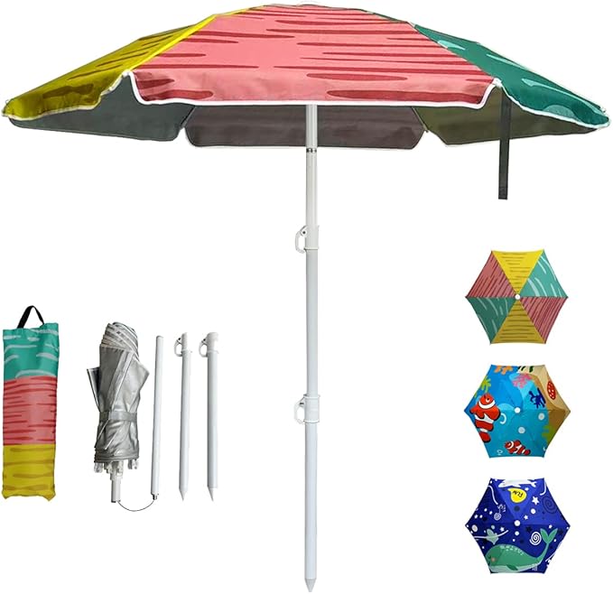 LOTTAFUN Water Table Kid Umbrella 5ft Beach Umbrella - Heavy Duty Wind Resistant UV 50+ Portable Sun Shade with Sand Anchor & Carry Bag, Outdoor Folding Umbrella for Beach,Pool,Patio,Garden (3 Color Block)