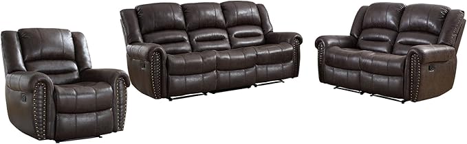 EBELLO Recliner Sofa Furniture Set for Living Room, Faux Leather Recliner Chair, Manual Loveseat, 3 Seat Recliniing Sofa Couch Set Vintage Rivet Mid-Century Design for Living Room, Dark Brown